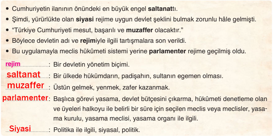 6. Sınıf Türkçe Ders Kitabı Sayfa 67 Cevapları Yıldırım Yayınları (Cumhuriyet'in İlanı)